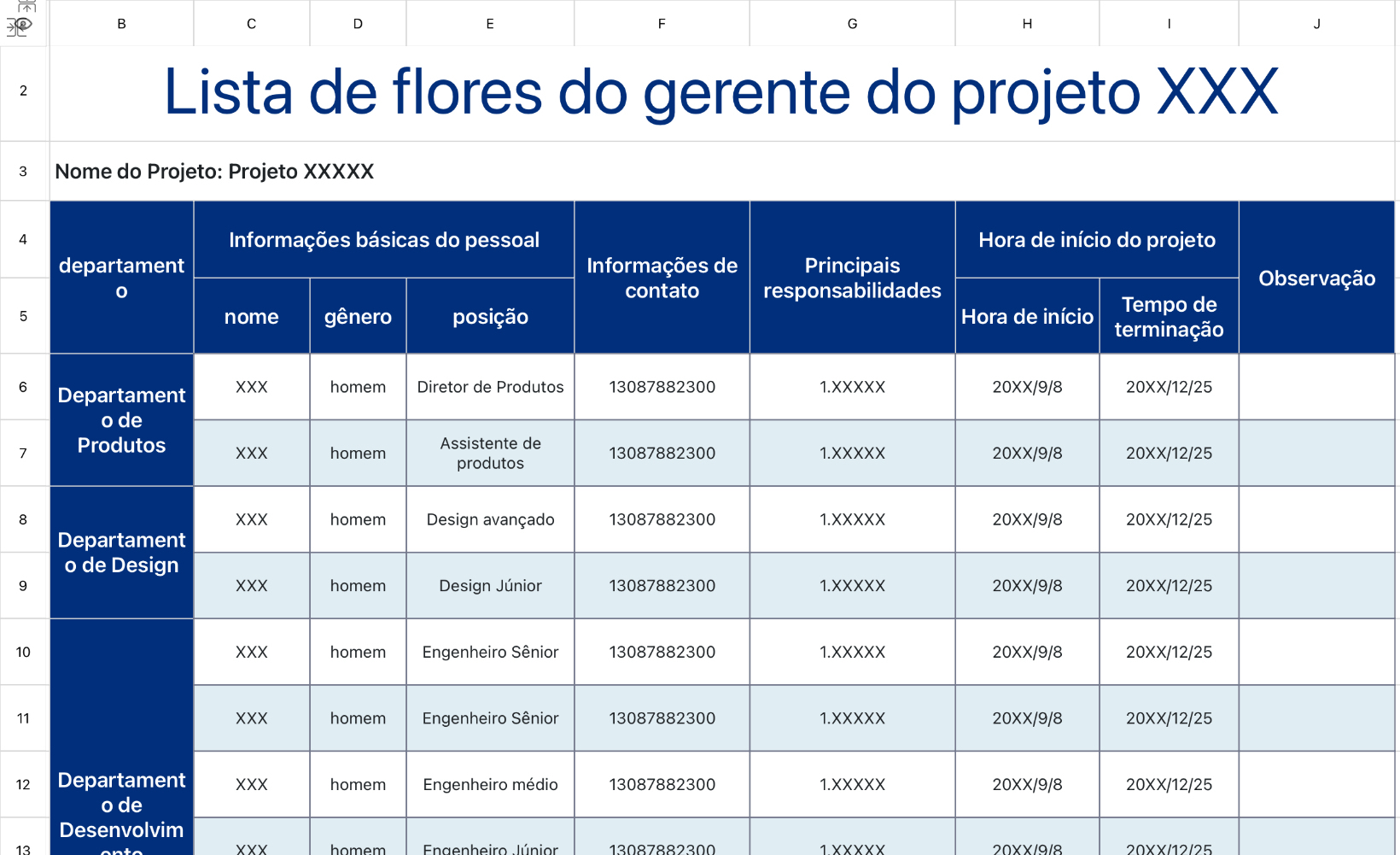 Lista de flores do gerente de projeto
